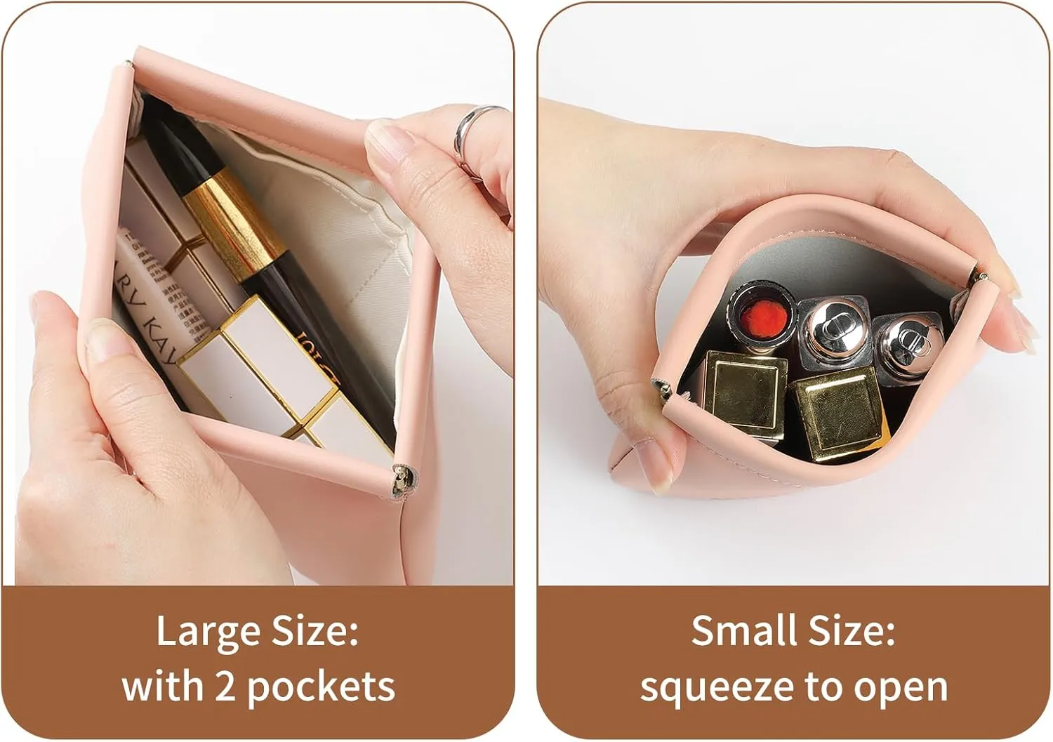 2 PCS Small Cosmetic Bag for Purse, Organosilicon Super Fiber Leather Mini Makeup Bag Coin Purse for Women, Snap Closure Travel Makeup Pouch for Lipstick Jewelry Key Change (Pink)