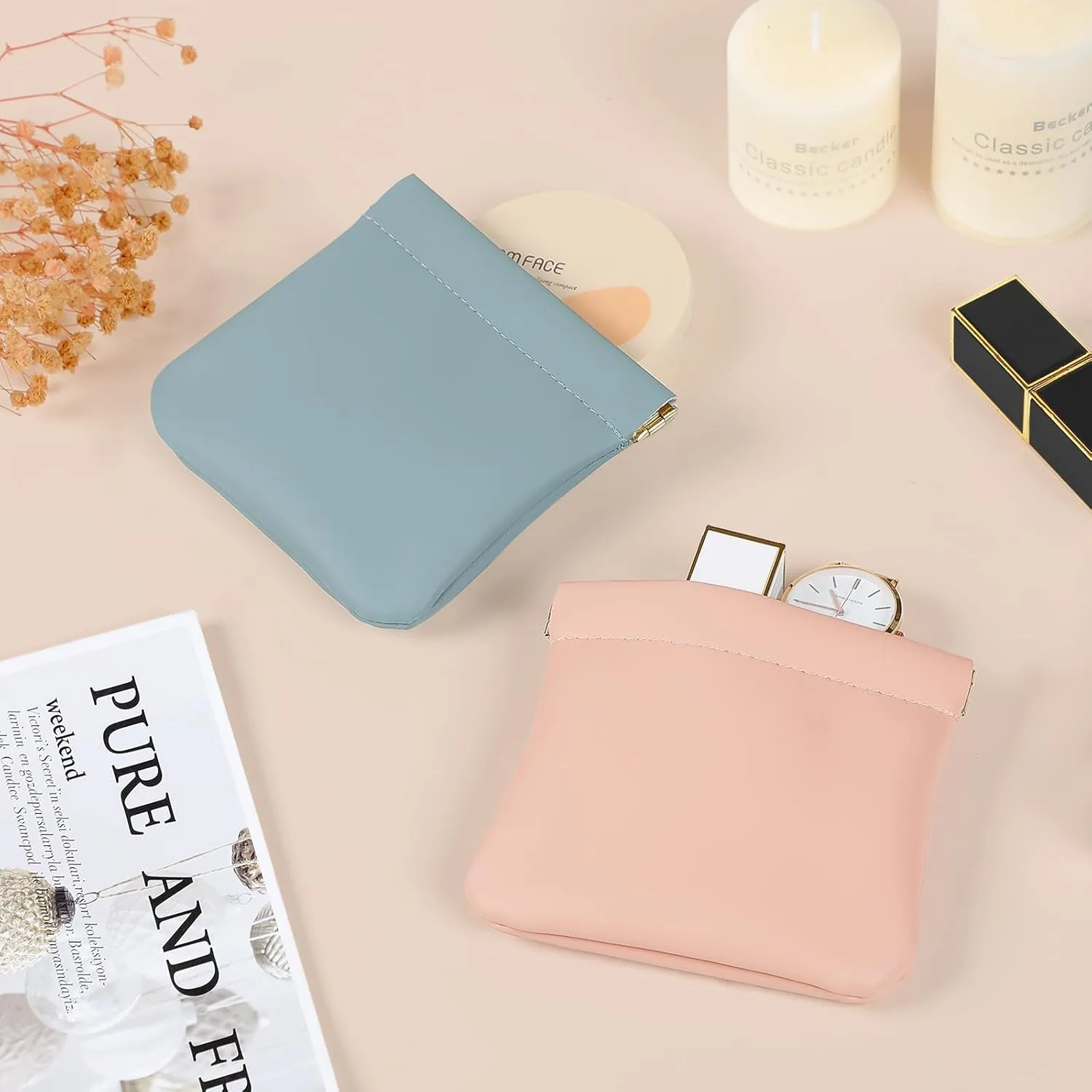 2 Pcs Small Makeup Bag for Purse, Upgrade Organosilicone Mini Makeup Pouch for Women with Snap Closure Clamp, Portable Small Cosmetic Bag Travel Storage Pouch for Coin Lipstick (Pink   Blue)