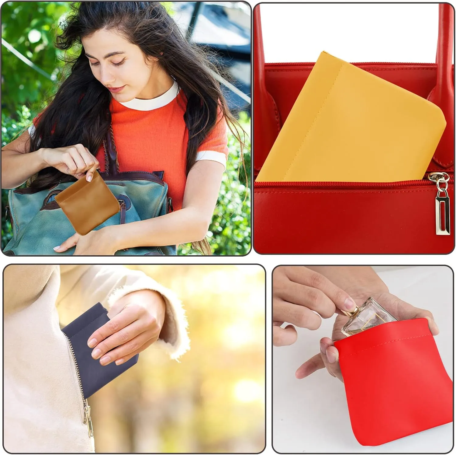 4Pcs Pocket Cosmetic Bag for Purses, Leather Small Makeup Bag Cosmetic Pouch for Women, Portable No Zipper Makeup Pouch Coin Purse Jewelry Pouch Travel Storage for Cosmetics Headphones Jewelry