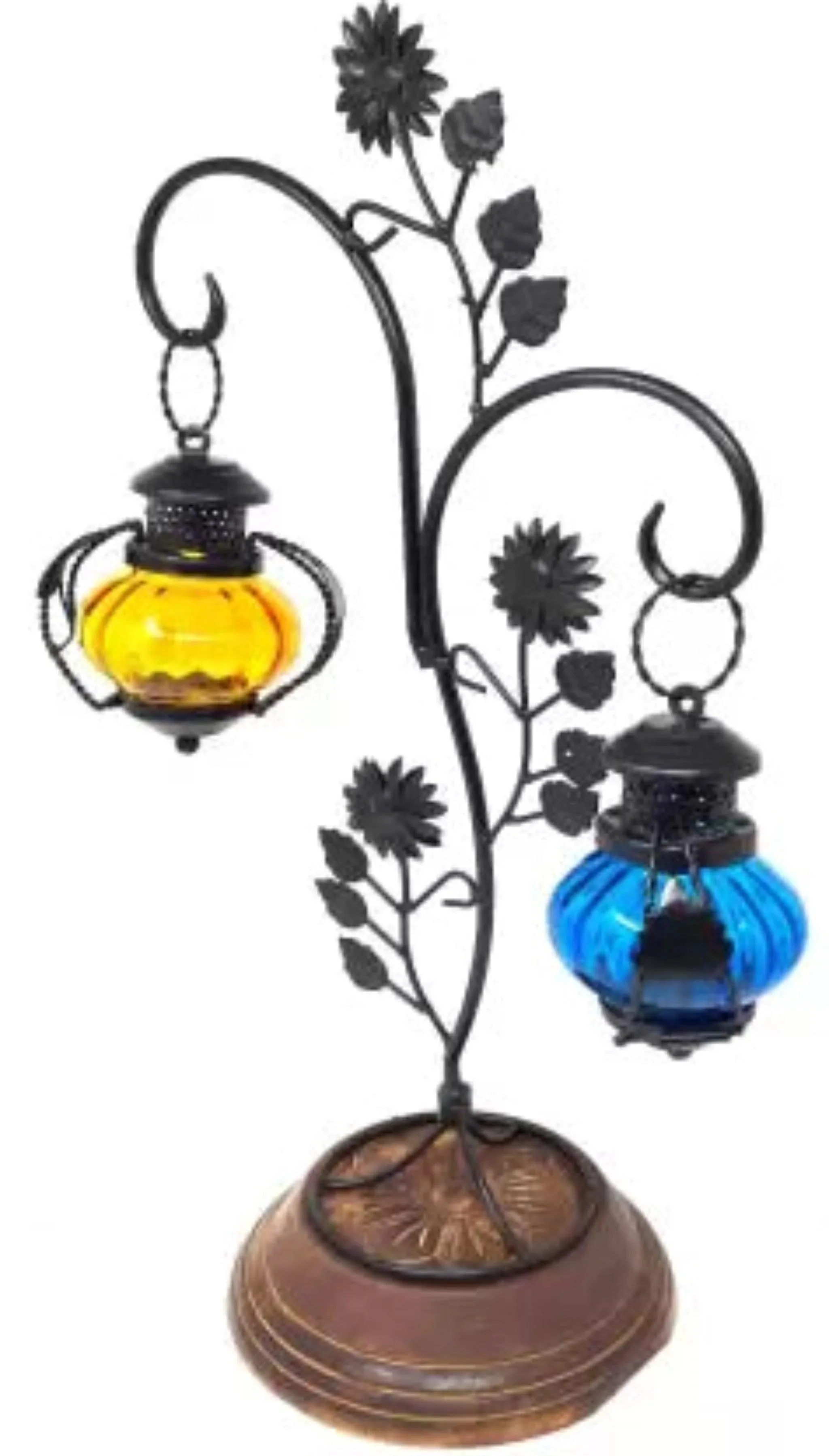 Attractive Glass With Metal Candle Stand Lantern (Yellow & Blue)