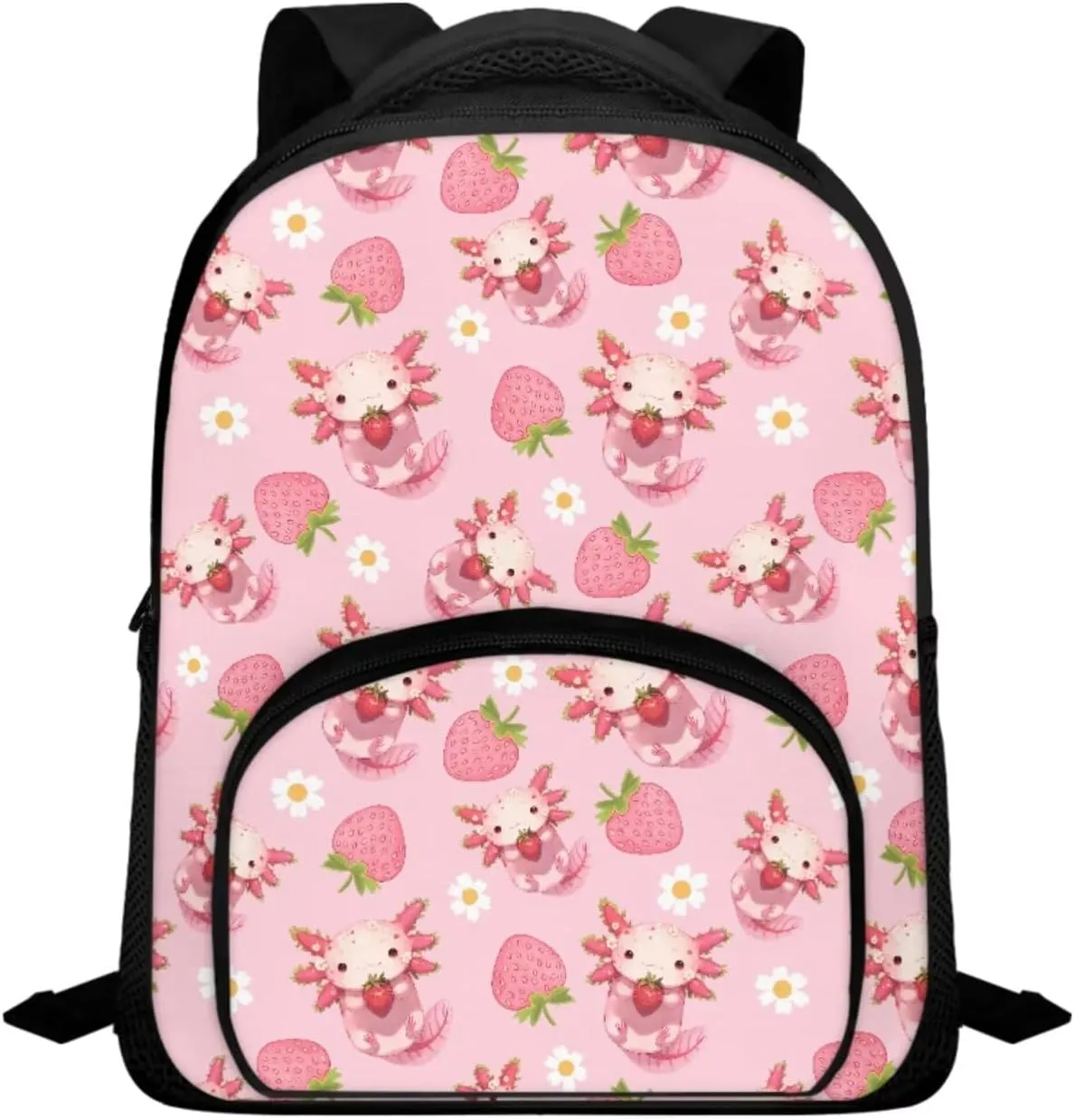 Axolotl Strawberry School Backpack for Girls Elementary Bookbag for Students Bookbag Set Primary School Daypack with Adjustable Shoulder Strap
