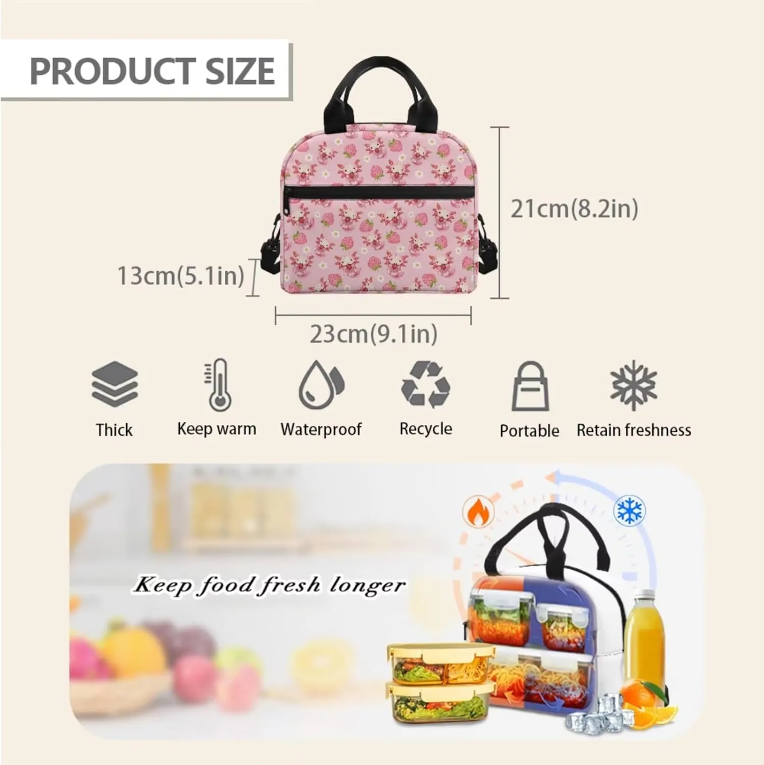 Axolotl Strawberry School Backpack for Girls Elementary Bookbag for Students Bookbag Set Primary School Daypack with Adjustable Shoulder Strap