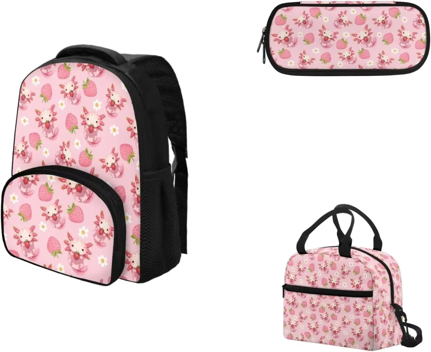 Axolotl Strawberry School Backpack for Girls Elementary Bookbag for Students Bookbag Set Primary School Daypack with Adjustable Shoulder Strap