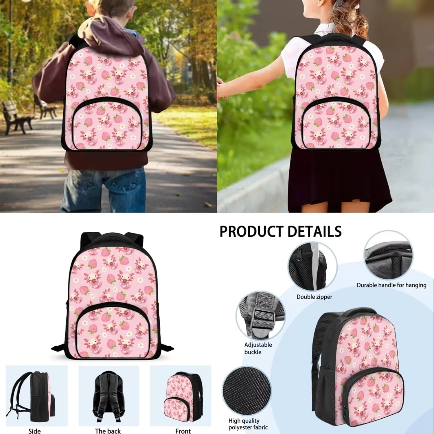 Axolotl Strawberry School Backpack for Girls Elementary Bookbag for Students Bookbag Set Primary School Daypack with Adjustable Shoulder Strap