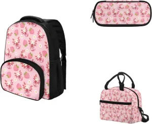 Axolotl Strawberry School Backpack for Girls Elementary Bookbag for Students Bookbag Set Primary School Daypack with Adjustable Shoulder Strap