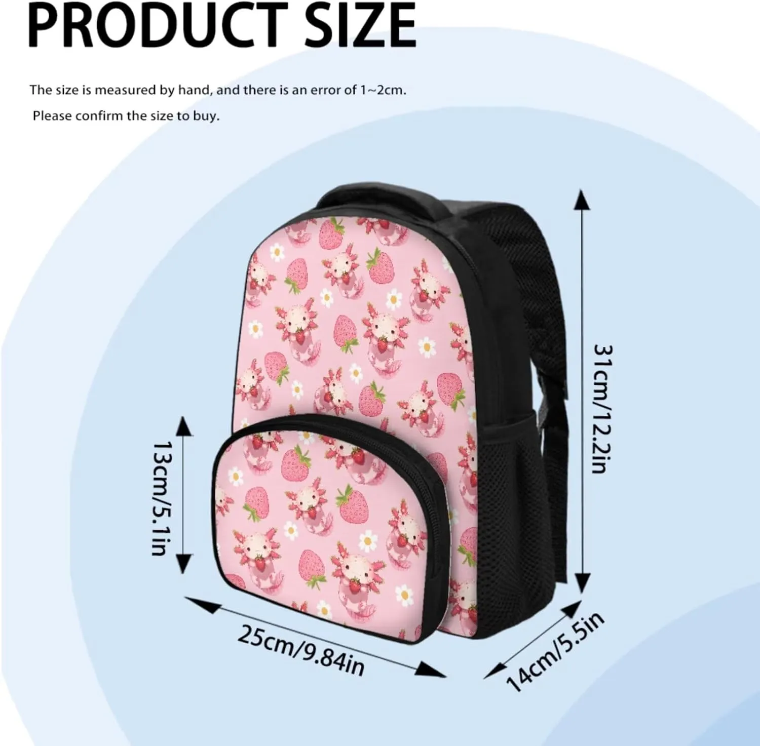 Axolotl Strawberry School Backpack for Girls Elementary Bookbag for Students Bookbag Set Primary School Daypack with Adjustable Shoulder Strap
