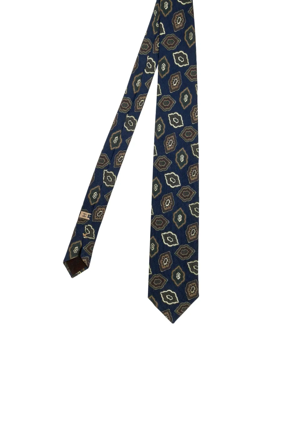 Blue tie with beige and brown printed vintage pattern