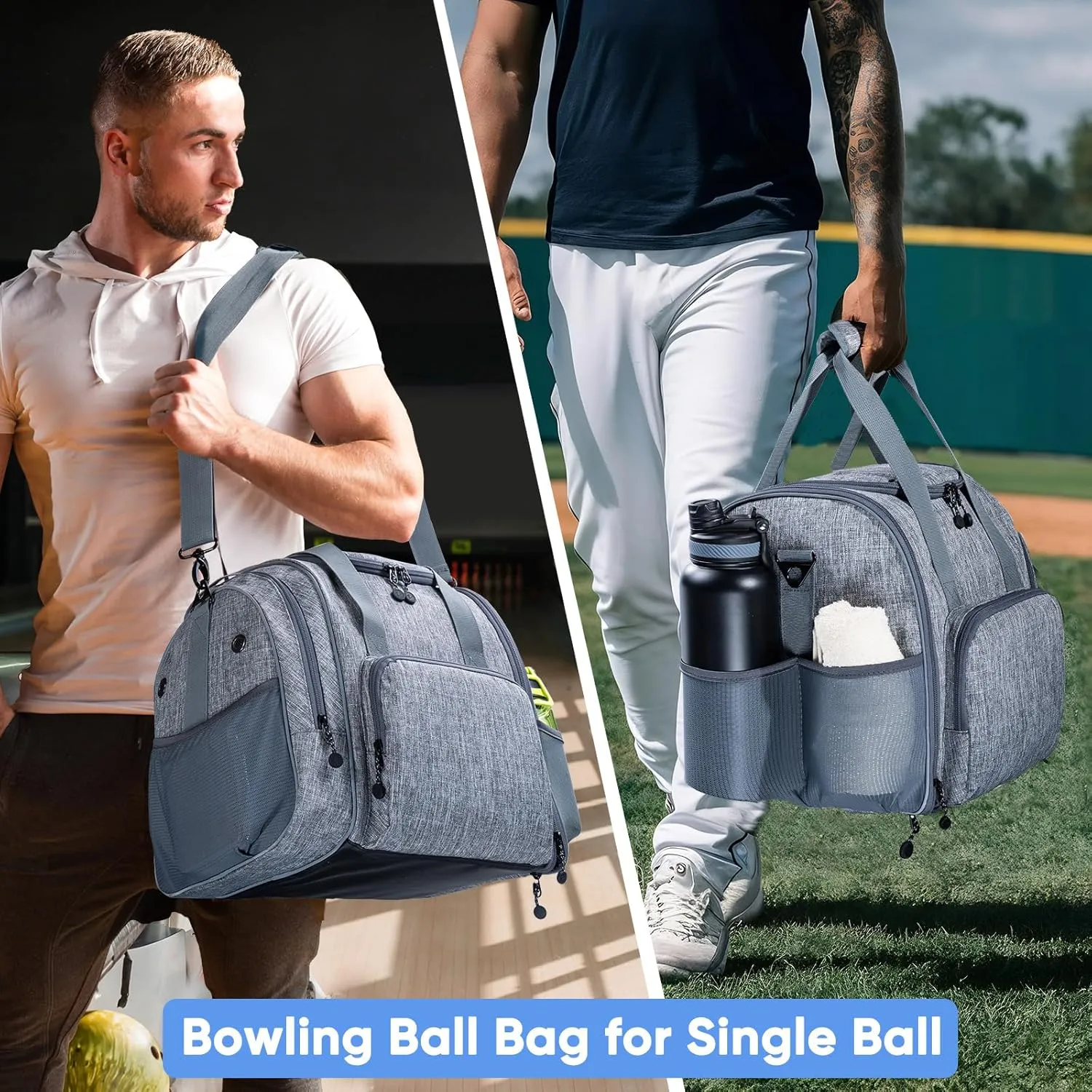 Bowling Ball Bag - Single Ball Tote with Cup Holder and Microfiber Polisher - Grey, Medium