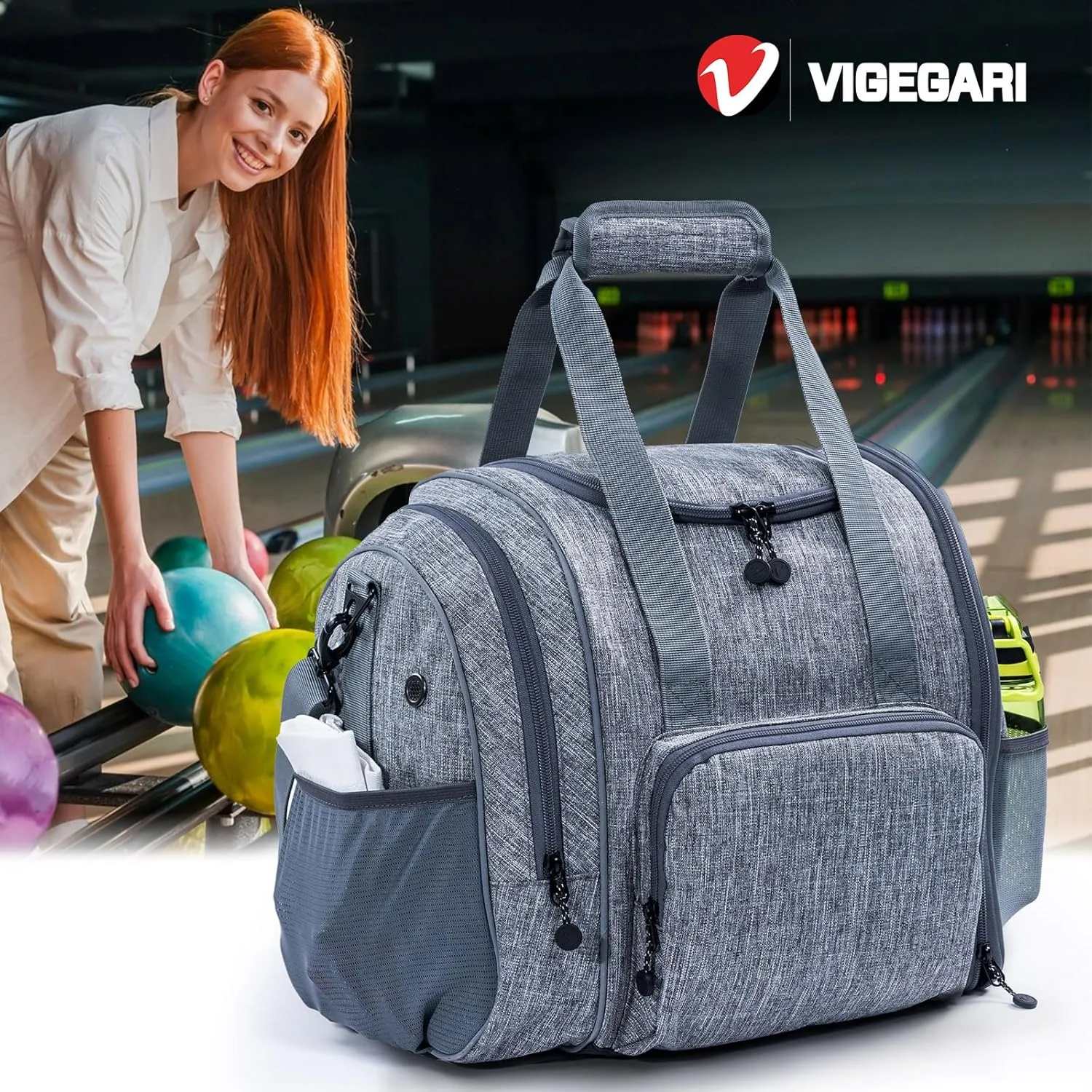 Bowling Ball Bag - Single Ball Tote with Cup Holder and Microfiber Polisher - Grey, Medium