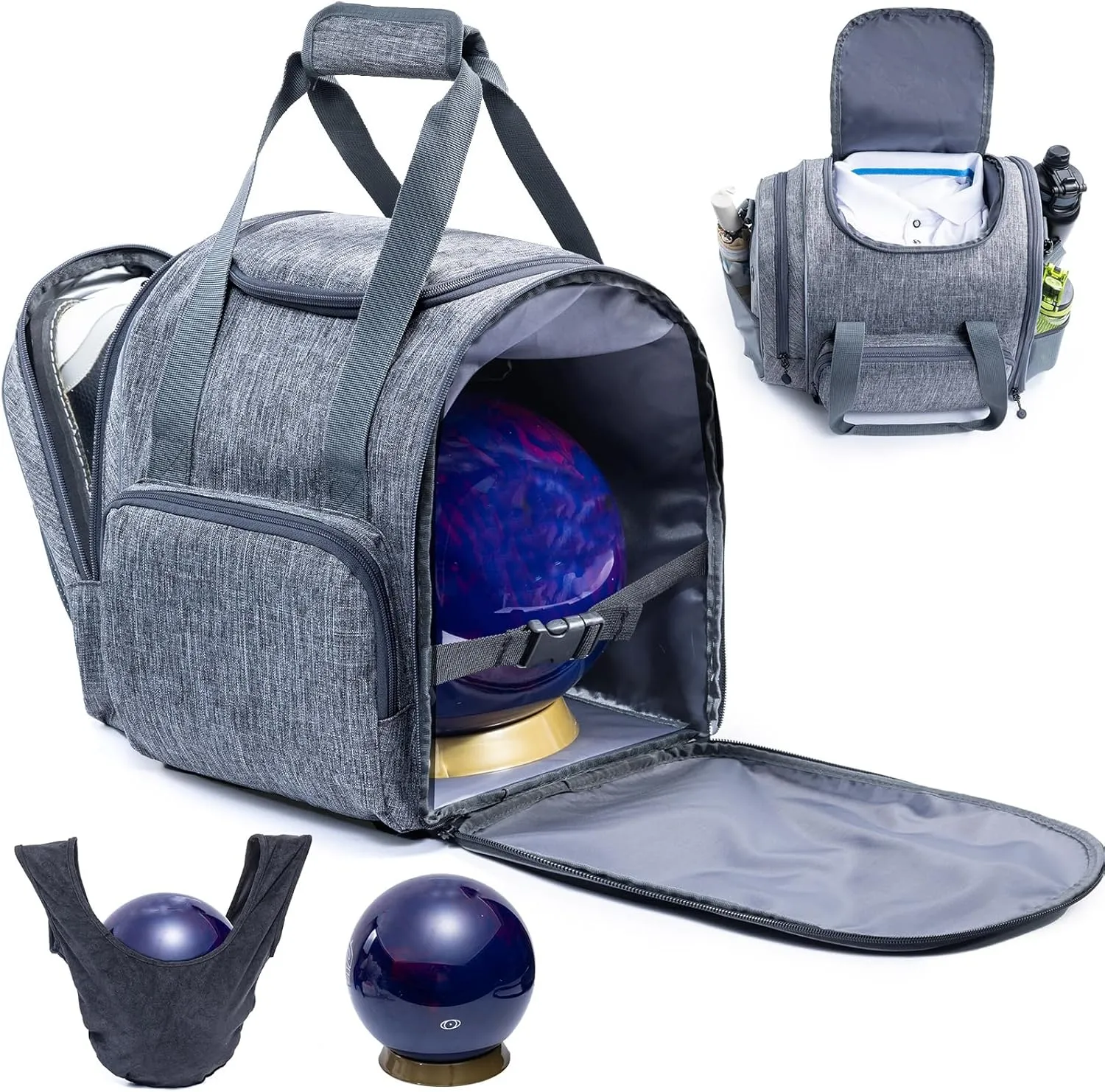 Bowling Ball Bag - Single Ball Tote with Cup Holder and Microfiber Polisher - Grey, Medium