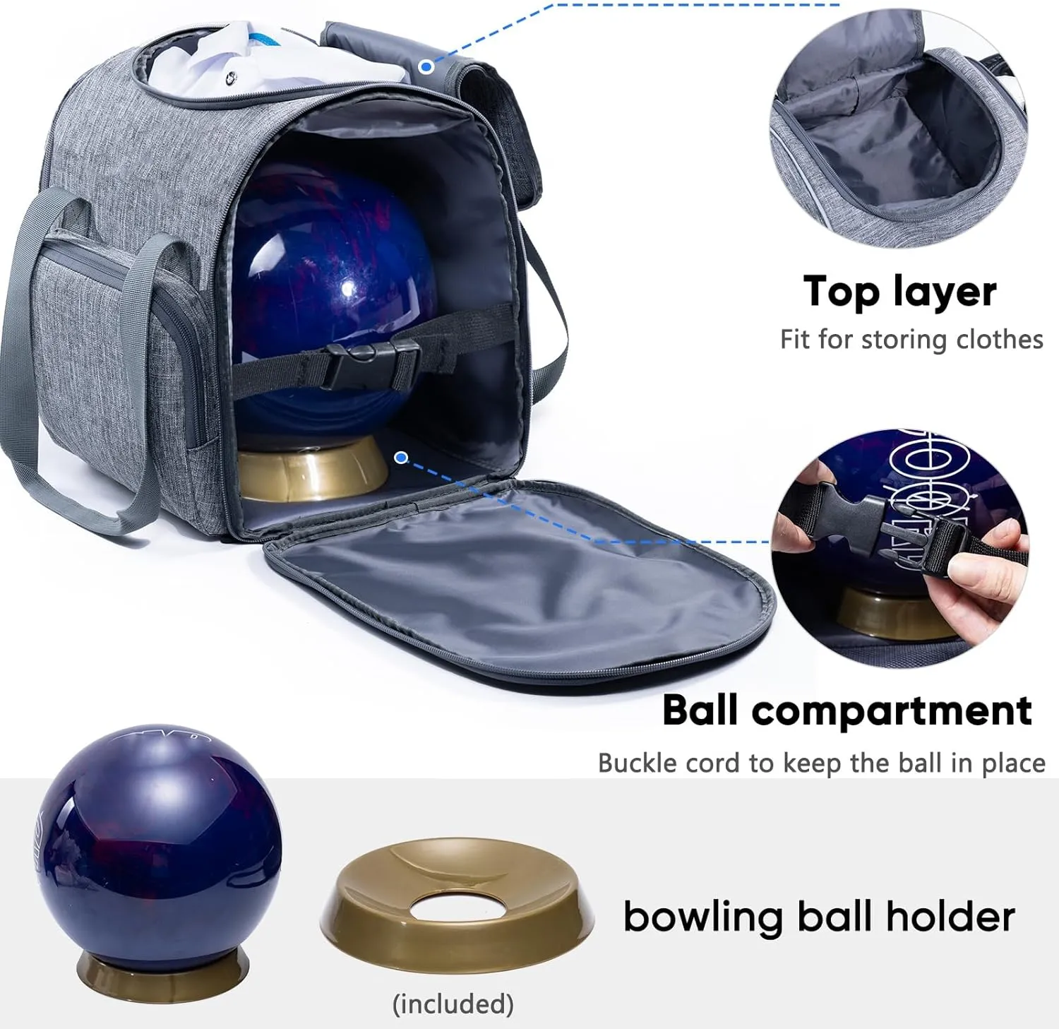 Bowling Ball Bag - Single Ball Tote with Cup Holder and Microfiber Polisher - Grey, Medium