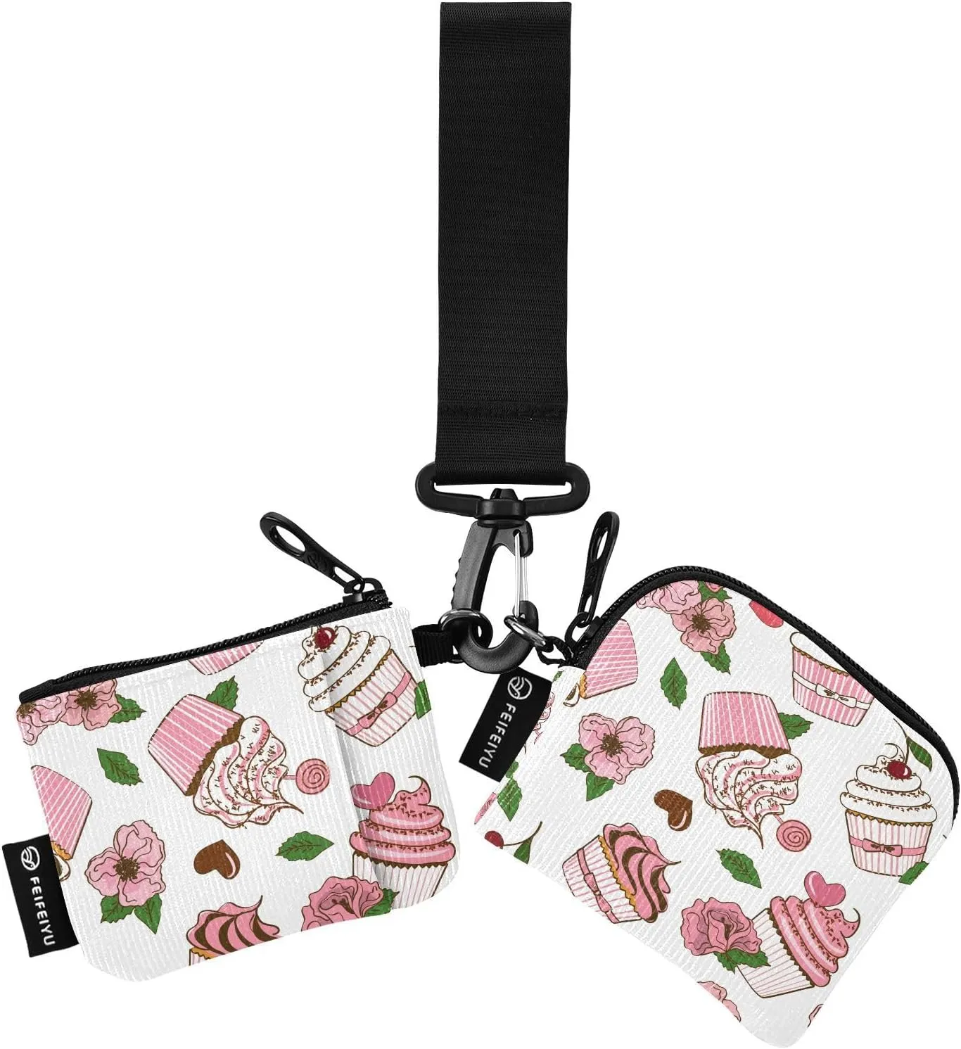 Cartoon Cupcakes and Flowers Mini Zip Around Wristlet keychain Wallet for Women with Detachable Dual Pouch Wristlet Portable wallet Coin Purse