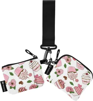 Cartoon Cupcakes and Flowers Mini Zip Around Wristlet keychain Wallet for Women with Detachable Dual Pouch Wristlet Portable wallet Coin Purse