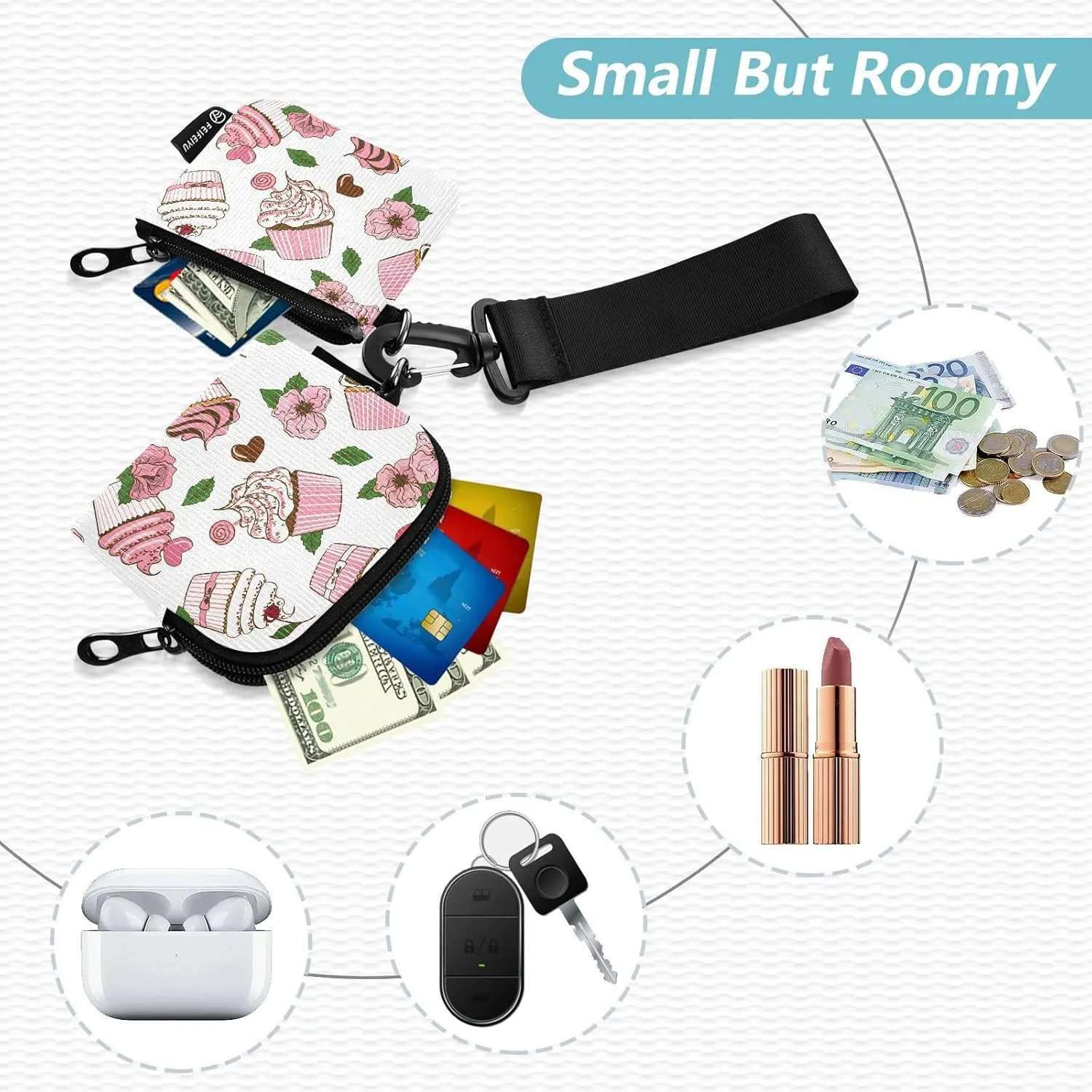 Cartoon Cupcakes and Flowers Mini Zip Around Wristlet keychain Wallet for Women with Detachable Dual Pouch Wristlet Portable wallet Coin Purse