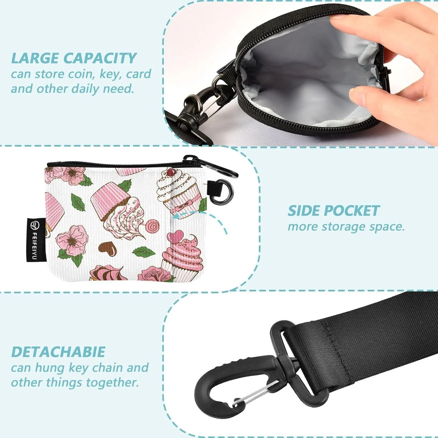Cartoon Cupcakes and Flowers Mini Zip Around Wristlet keychain Wallet for Women with Detachable Dual Pouch Wristlet Portable wallet Coin Purse