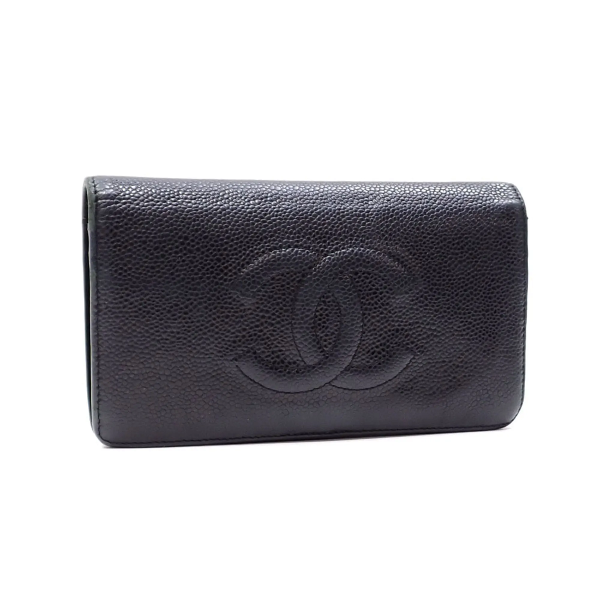 CHANEL Bifold Long Wallet Women's Black Caviar Skin Coco Mark