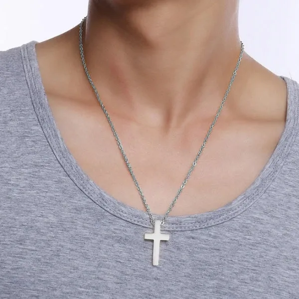 Classy Men Simple Silver Cross Pendant Necklace