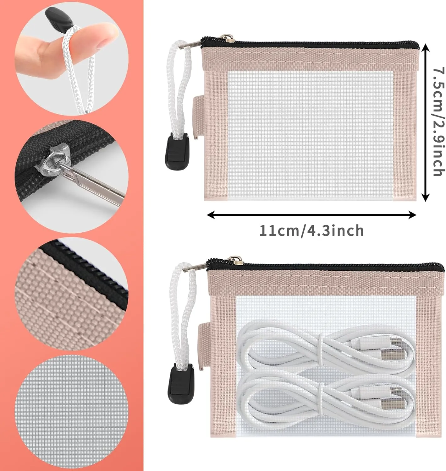 Classycoo Mini Zipper Mesh Bags 5 Pack,3" x 4.3" Nylon Small Zipper Mesh Pouch Key Holder,Coin Purse,Card Holder, Portable Travel Makeup Cosmetic Bags for Lipstick,Earphone (Pink)