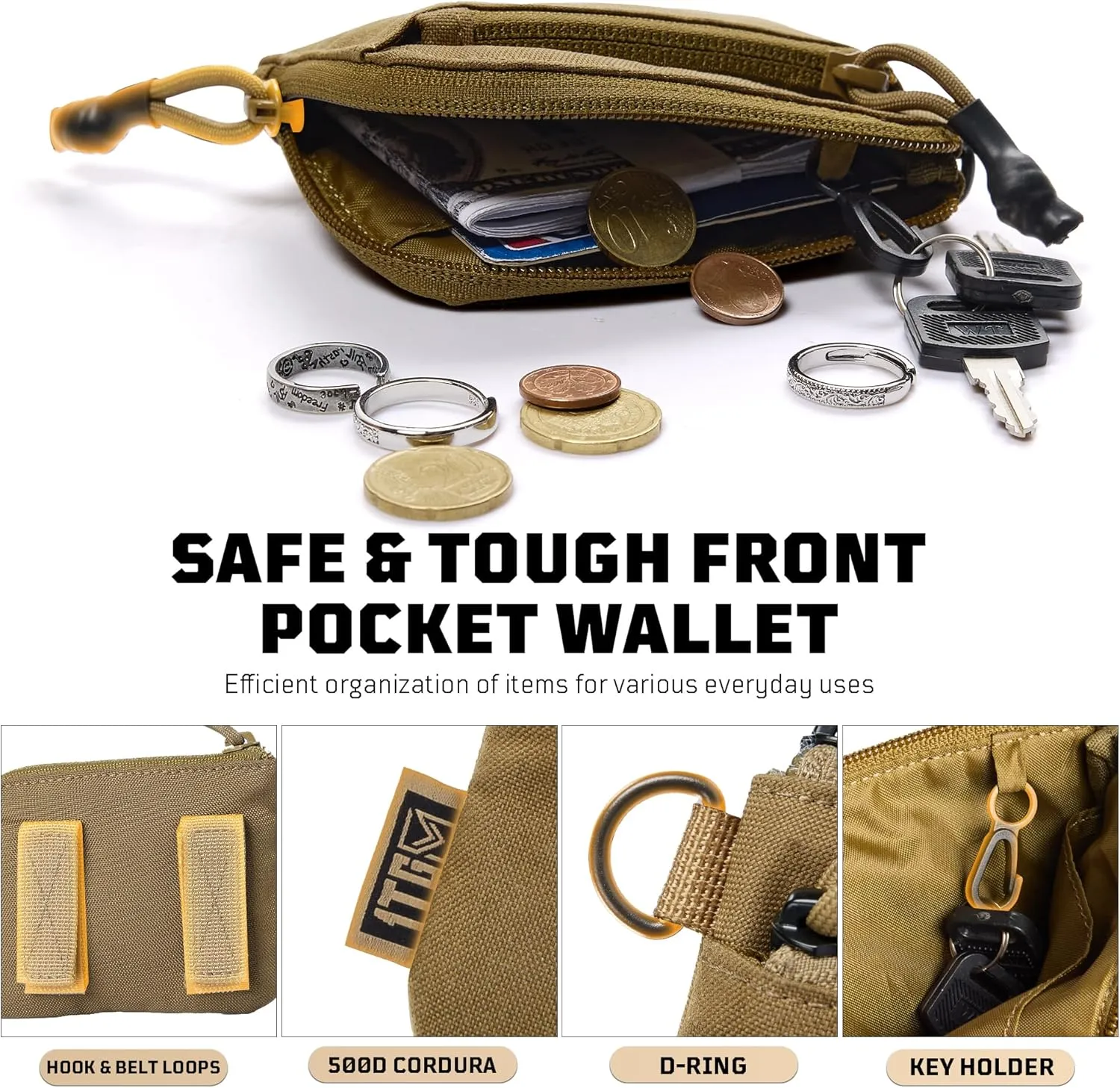 Coin Purse, 500D CORDURA Slim Minimalist Coin Purse for Men, Small Coin Pouch Mens Mini Wallet with YKK Zipper, Compact Money Bag & Tactical ID Holder | Father's Day Gift for Dad