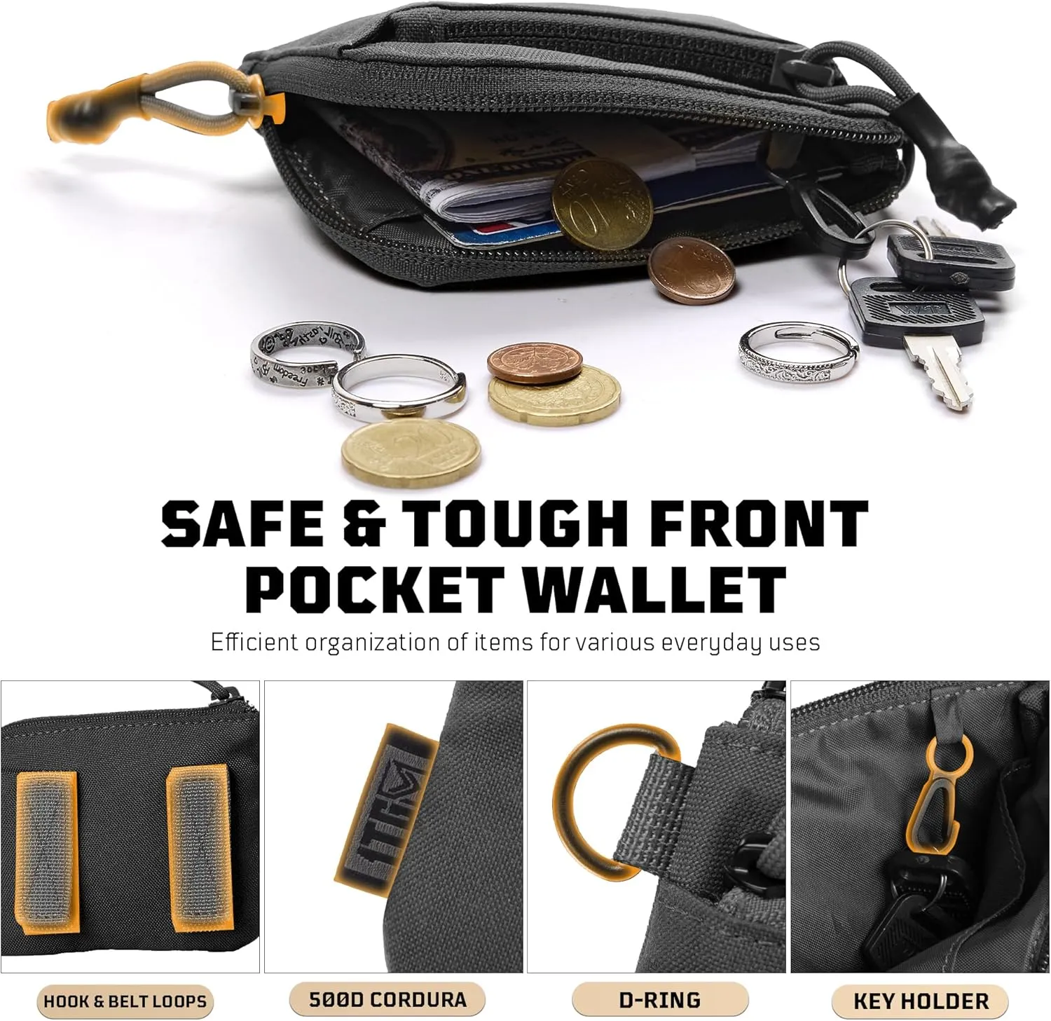 Coin Purse, 500D CORDURA Slim Minimalist Coin Purse for Men, Small Coin Pouch Mens Mini Wallet with YKK Zipper, Compact Money Bag & Tactical ID Holder | Father's Day Gift for Dad