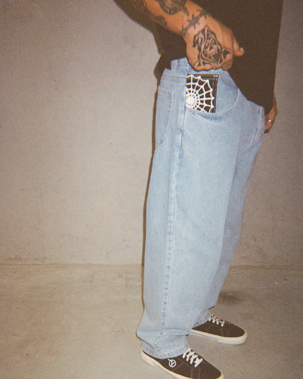 Crawling Death Web Denim Jeans Light Blue