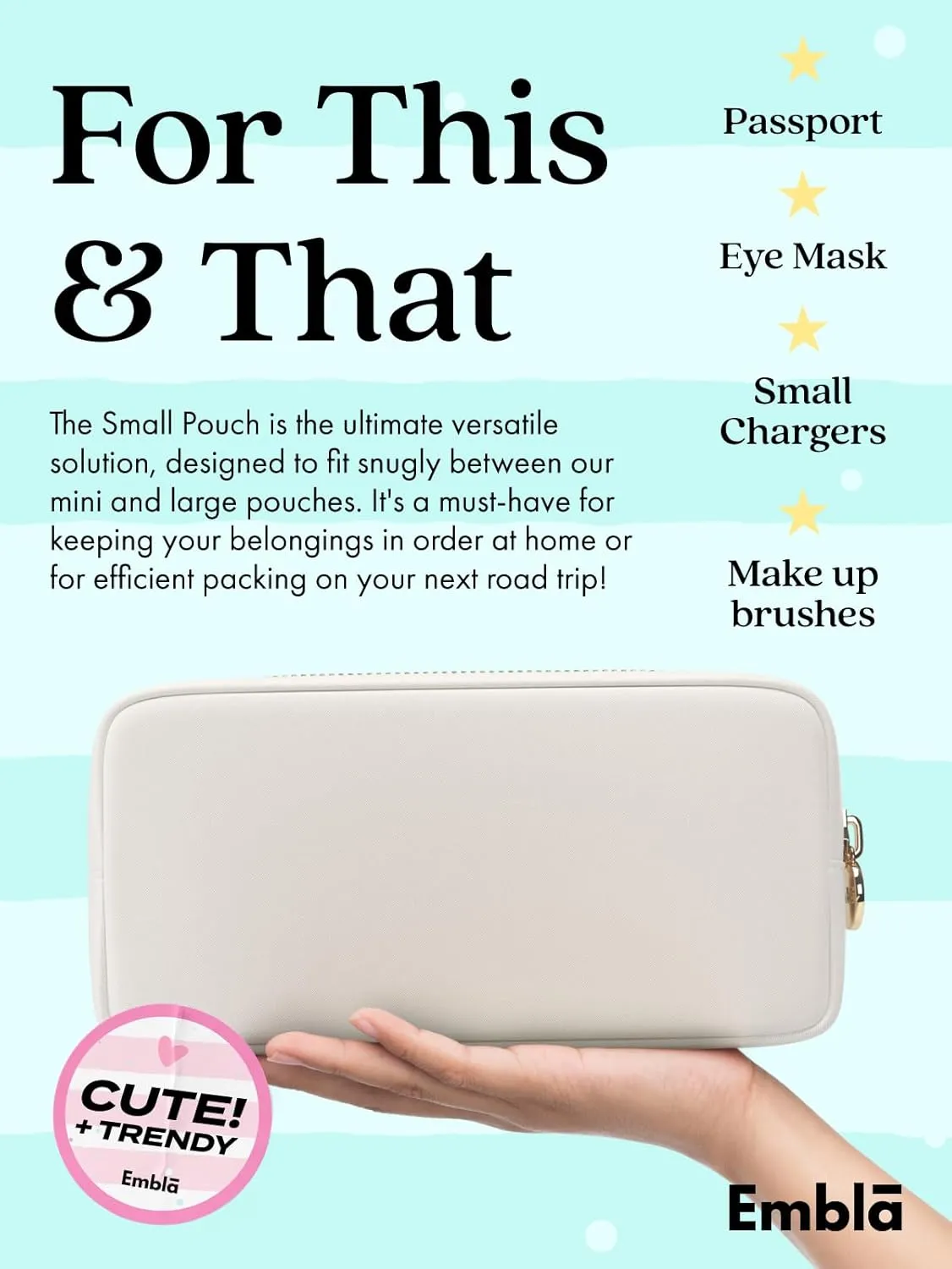 Embla Makeup Bag Travel Cosmetics Pouch and Toiletry Bag, Nylon Zipper Pouch Purse, Cute Make Up Organizer Storage Tote for Women Girls, Waterproof Travel Skincare Case, Small Makeup Bags, Blanc White