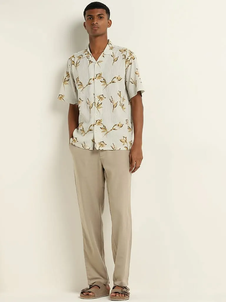 ETA Beige Floral Printed Relaxed-Fit Cotton Shirt
