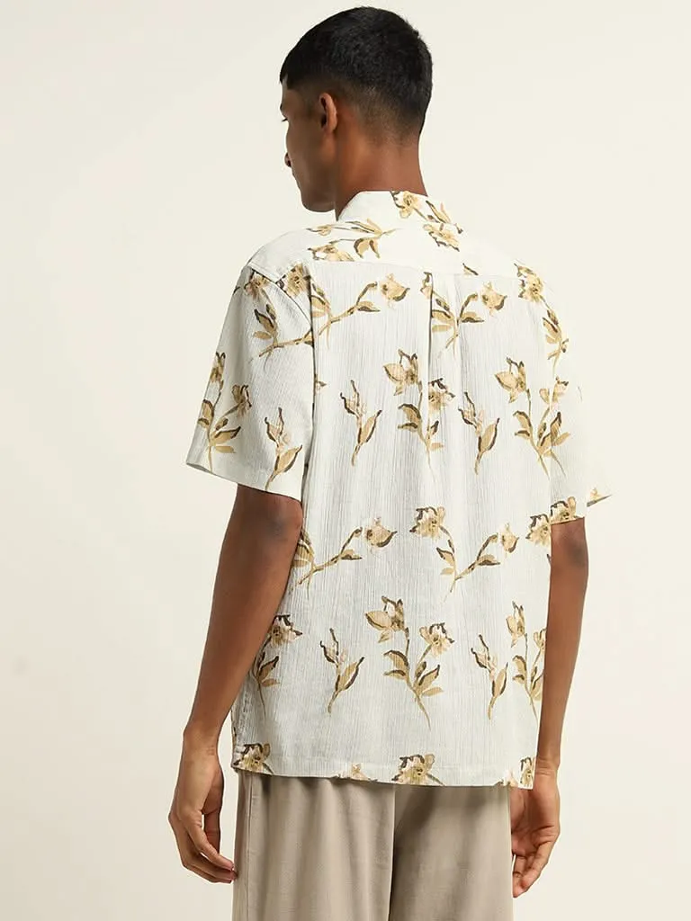 ETA Beige Floral Printed Relaxed-Fit Cotton Shirt
