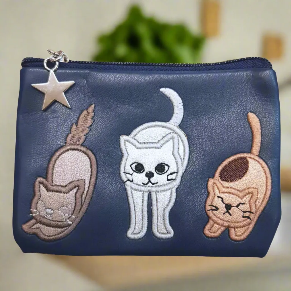 FAUX Leather Embroidered Applique Cats Ladies Coin Purse Black