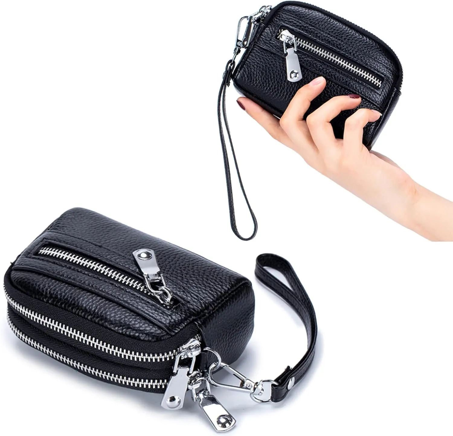 Genuine Leather Mini Wristlet Wallet Coin Pouch Handbag Clutch with Wrist Strap (Black)