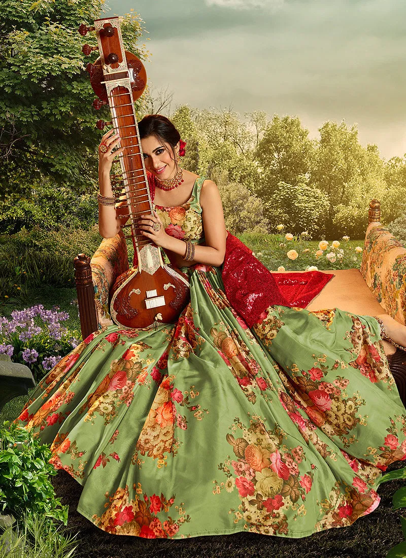 Green And Red Floral Printed Lehenga Choli
