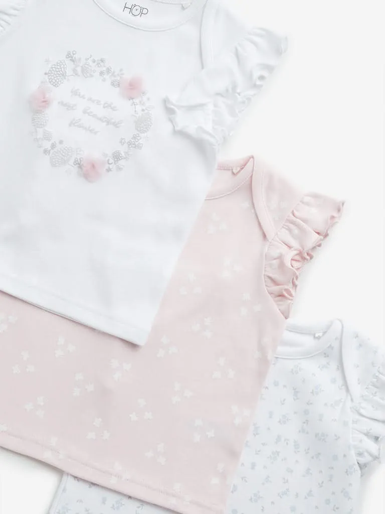 HOP Baby White Printed Cotton T-Shirt - Pack of 3