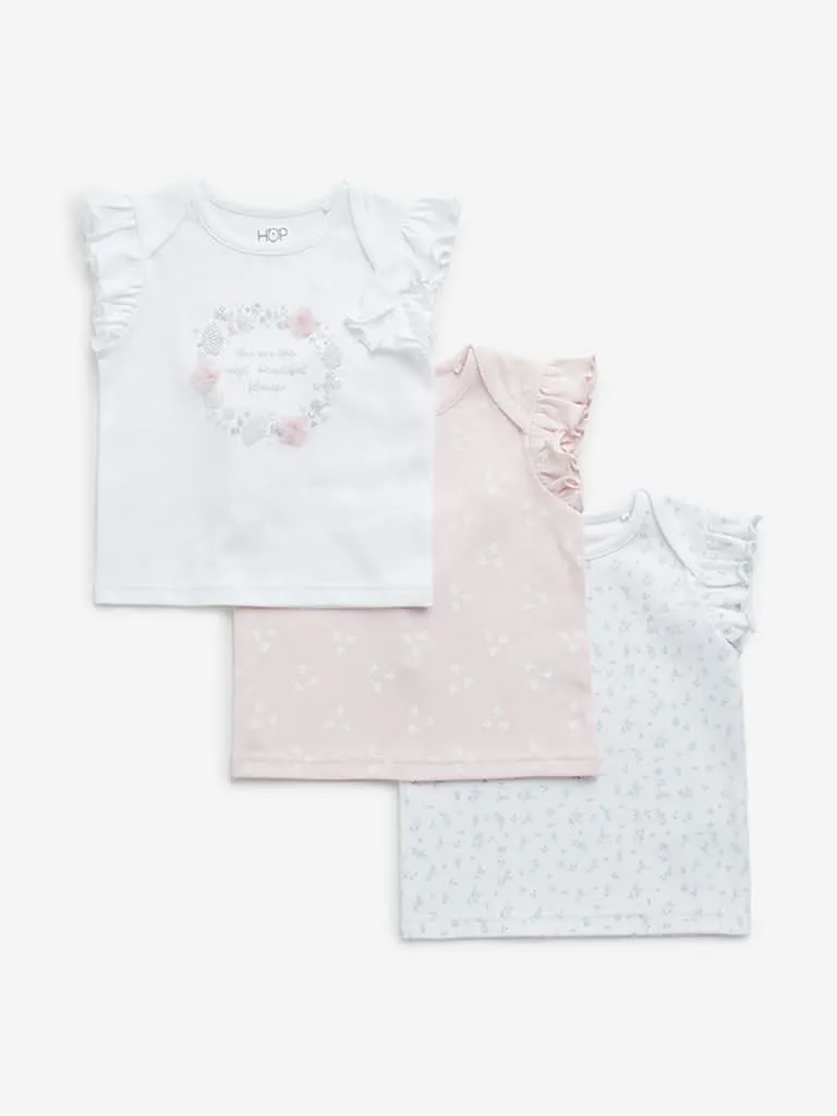 HOP Baby White Printed Cotton T-Shirt - Pack of 3