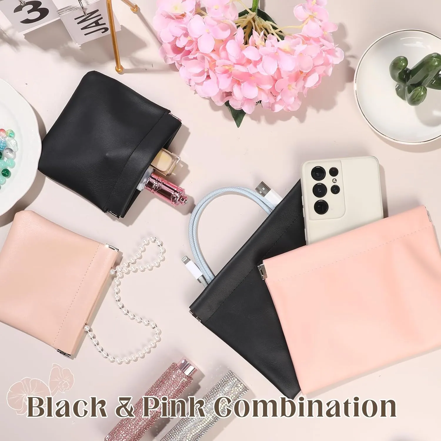 ISKYBOB 4PCS Small Makeup Bag for Purse, Waterproof Lambskin Pocket Cosmetic Bag for Women Squeeze Top Coin Purse Snap Closure Onavee Organizer Pouch Mini Self-Closing Leather Pouchic for Travel