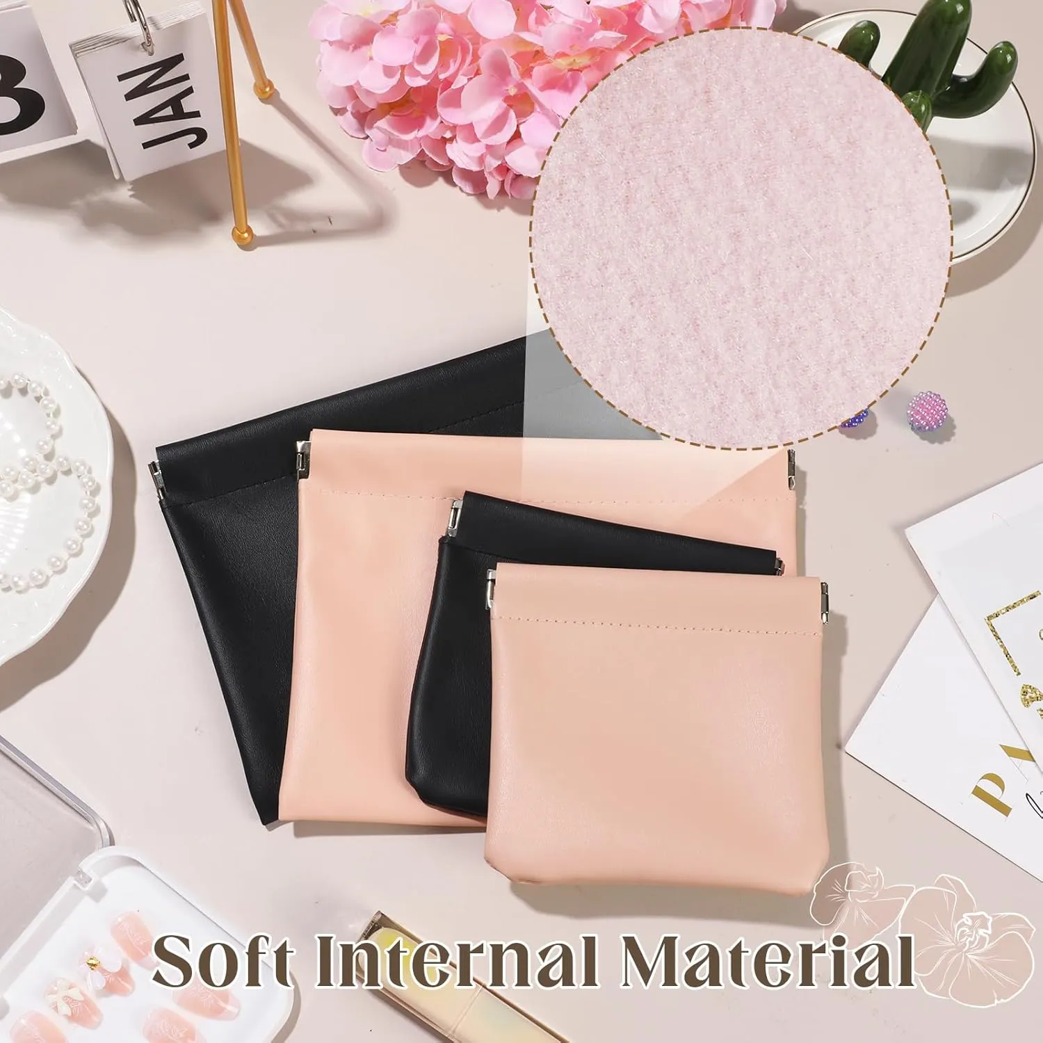 ISKYBOB 4PCS Small Makeup Bag for Purse, Waterproof Lambskin Pocket Cosmetic Bag for Women Squeeze Top Coin Purse Snap Closure Onavee Organizer Pouch Mini Self-Closing Leather Pouchic for Travel