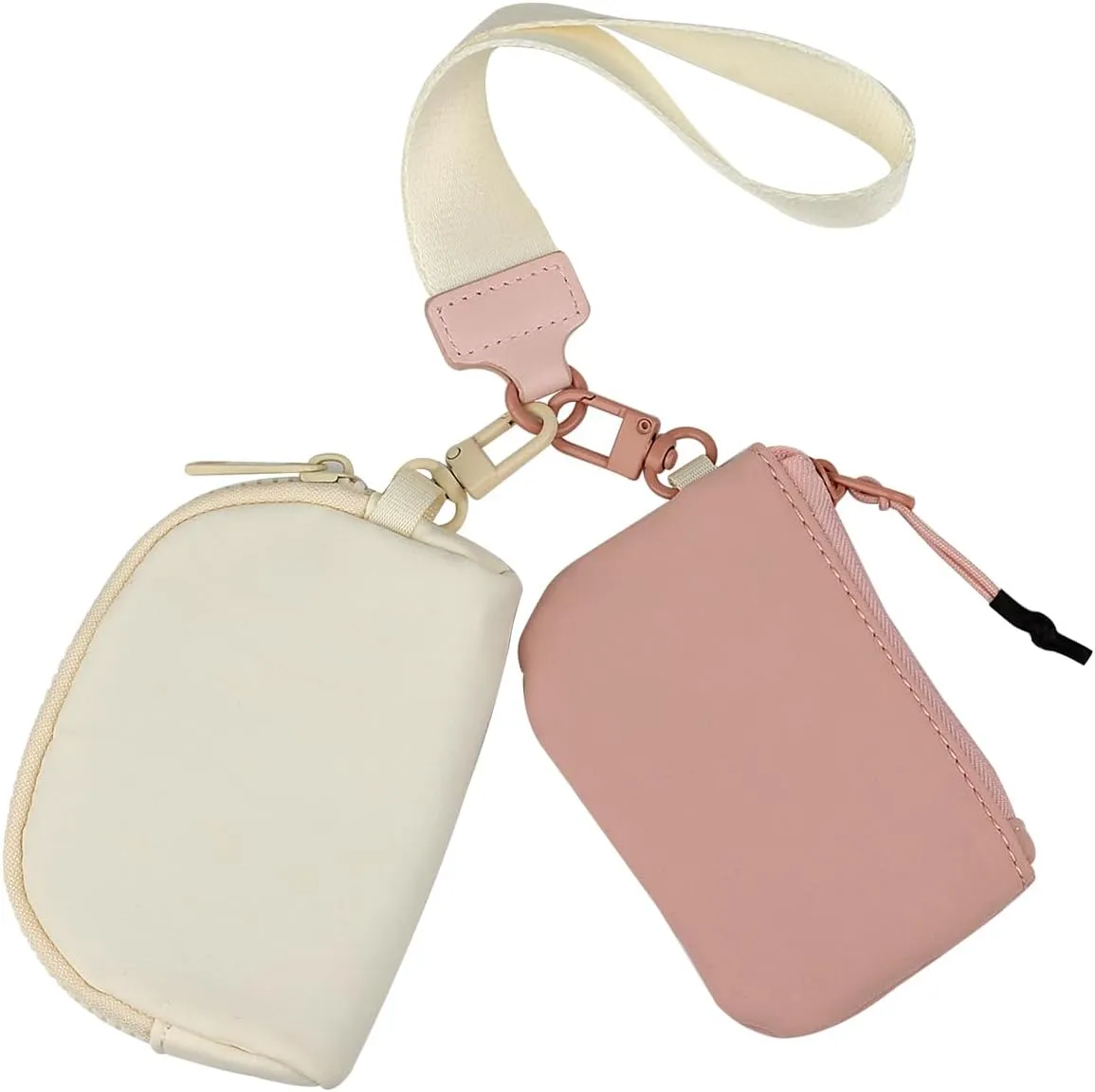 Keychain Wristlet Wallet Mini Zip Coin Around Clutch Purse for Women Dual Pouch Credit Card Holder Cute Key Chain Wrist Bag (Pink White)