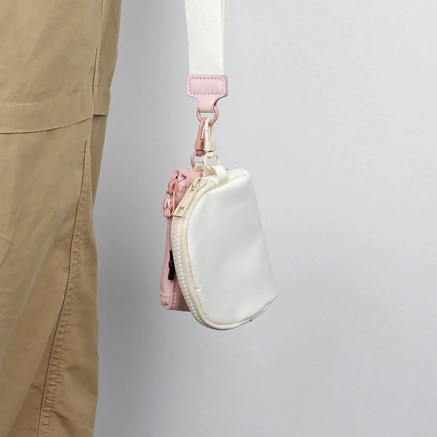 Keychain Wristlet Wallet Mini Zip Coin Around Clutch Purse for Women Dual Pouch Credit Card Holder Cute Key Chain Wrist Bag (Pink White)