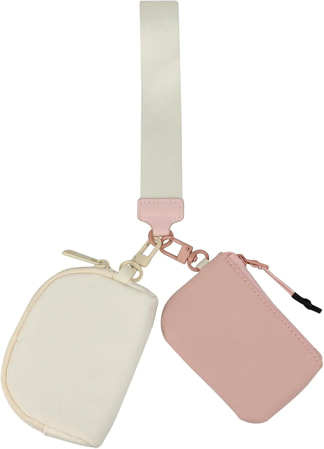 Keychain Wristlet Wallet Mini Zip Coin Around Clutch Purse for Women Dual Pouch Credit Card Holder Cute Key Chain Wrist Bag (Pink White)