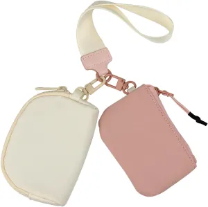 Keychain Wristlet Wallet Mini Zip Coin Around Clutch Purse for Women Dual Pouch Credit Card Holder Cute Key Chain Wrist Bag (Pink White)