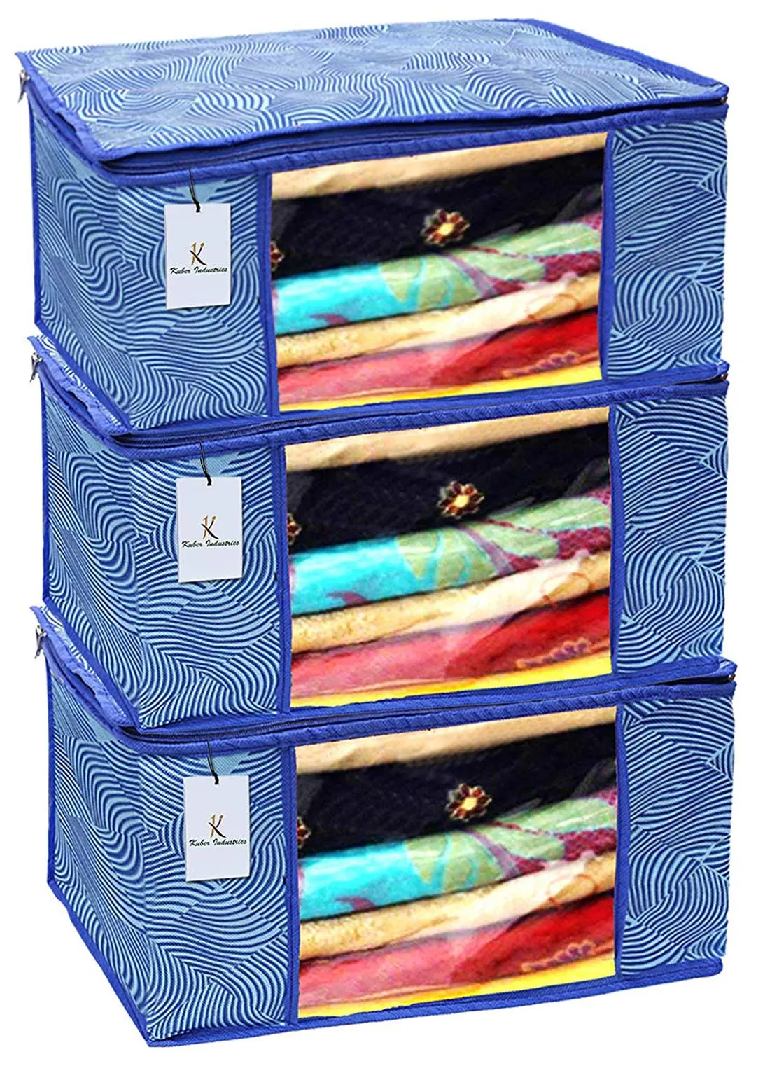 Kuber Industries Leheriya Design 3 Piece Non Woven Saree Cover, Large, Royal Blue - CTKTC0015206