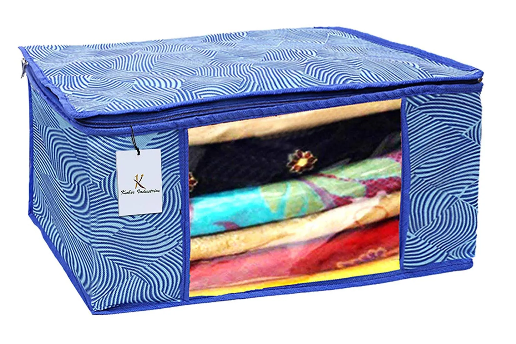 Kuber Industries Leheriya Design 3 Piece Non Woven Saree Cover, Large, Royal Blue - CTKTC0015206