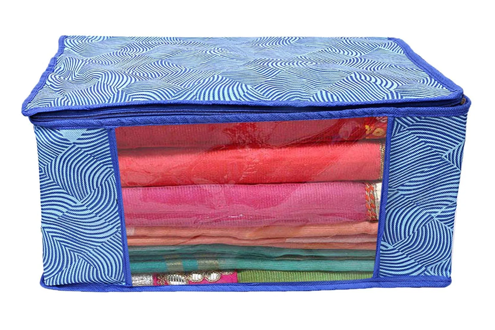 Kuber Industries Leheriya Design 3 Piece Non Woven Saree Cover, Large, Royal Blue - CTKTC0015206