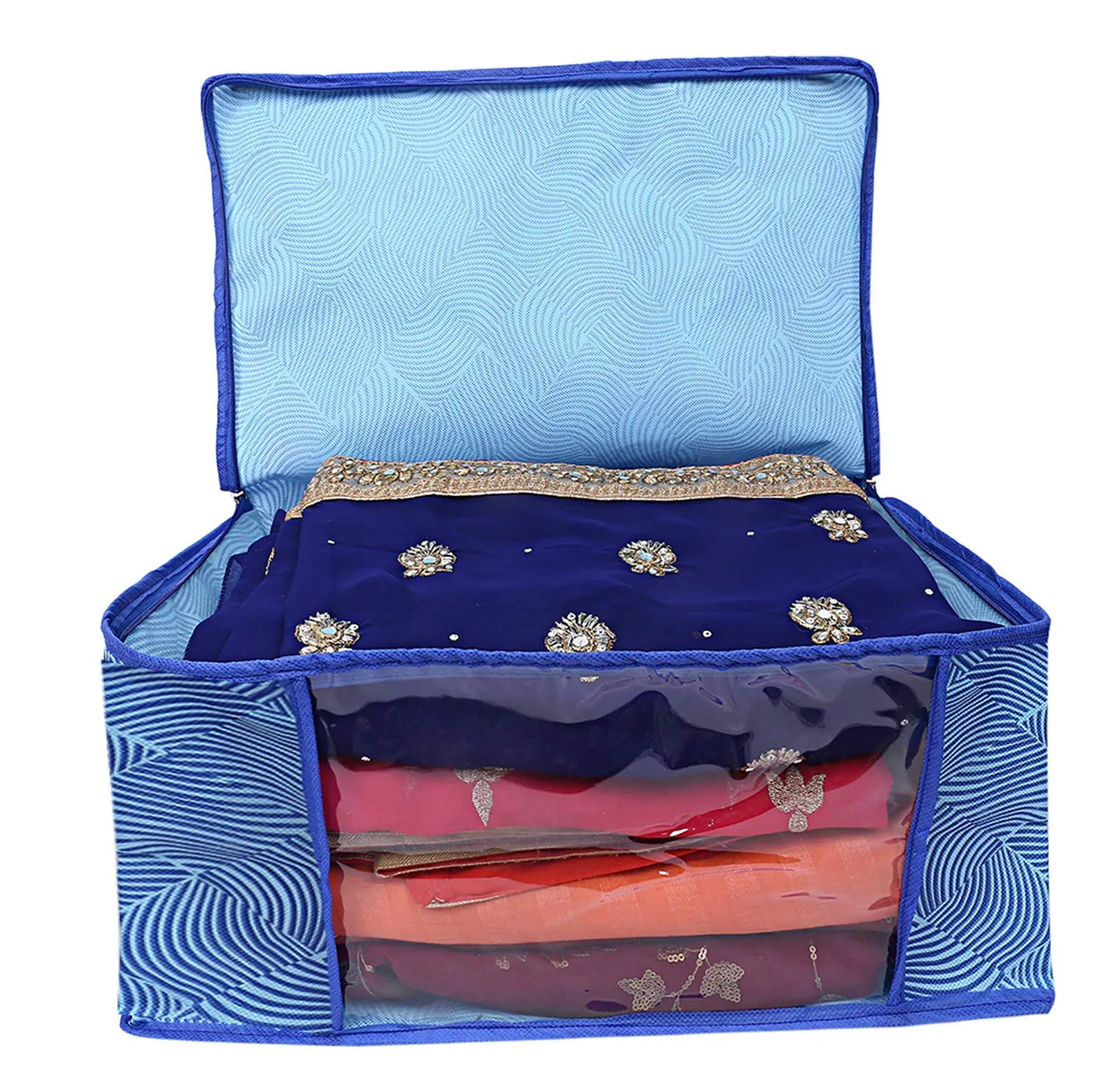 Kuber Industries Leheriya Design 3 Piece Non Woven Saree Cover, Large, Royal Blue - CTKTC0015206
