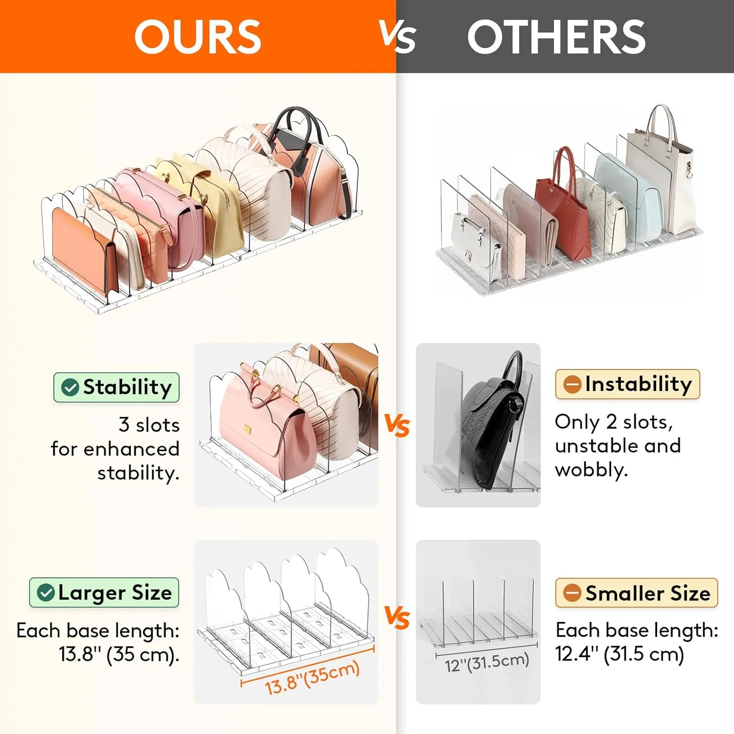Lifewit 2 Pack Plastic Purse Organizer for Closet, Adjustable Shelf Dividers for Closet Organization, Clear Bag Storage Organizer, Separators for Handbag, Clutch Bag, Book in Bedroom, Office
