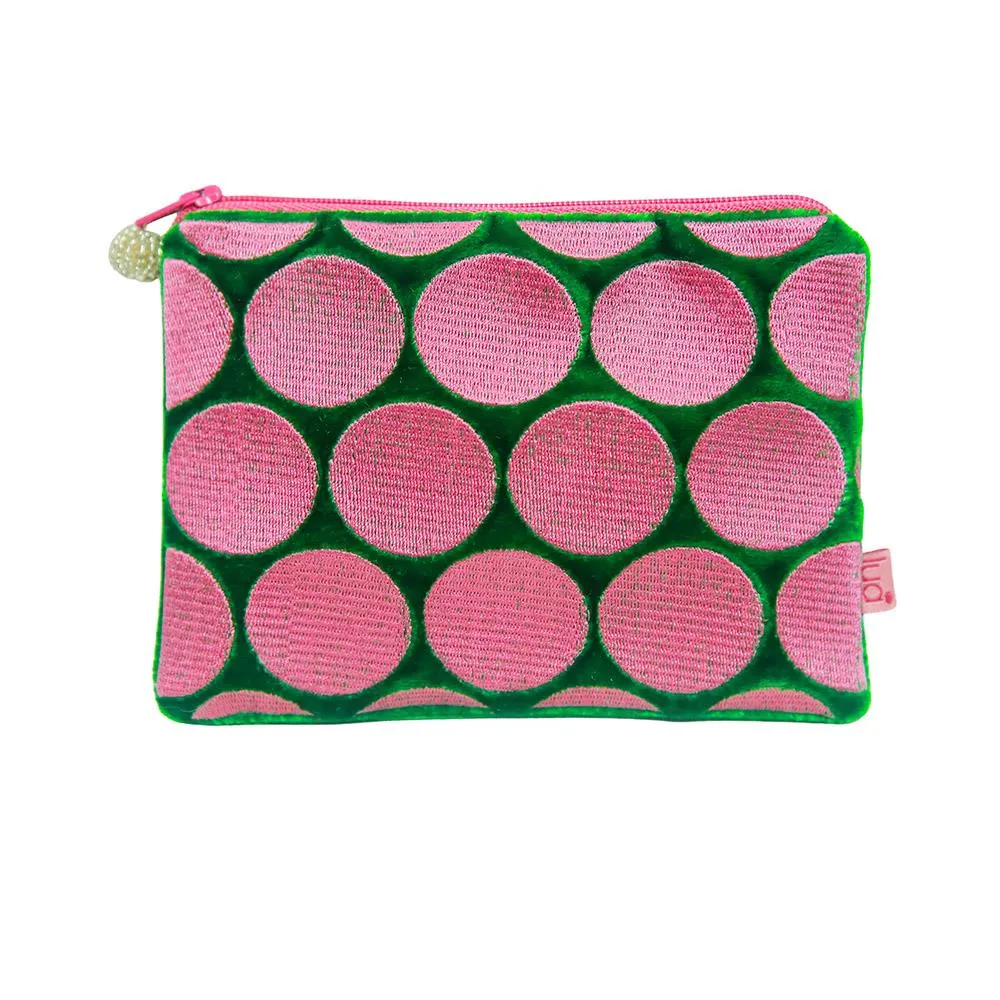 Lua - Velvet Coin Purse - Embroidered Spots - 11 x 16cms - Emerald Green/Pink Dots