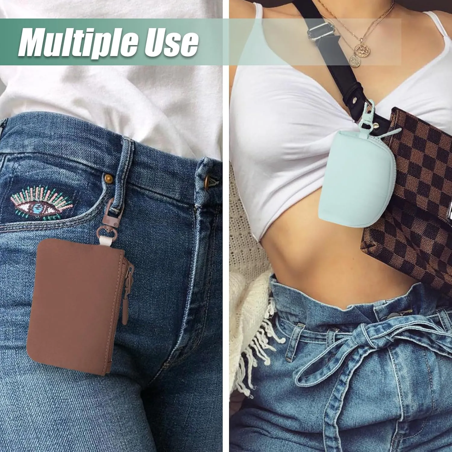 Mini Dual Pouch Wristlet Wallet with 2 Detachable Zipper Coin Purse, Small and Portable Card Wallet for Women Travel Sports Outdoors (Purple light purple)