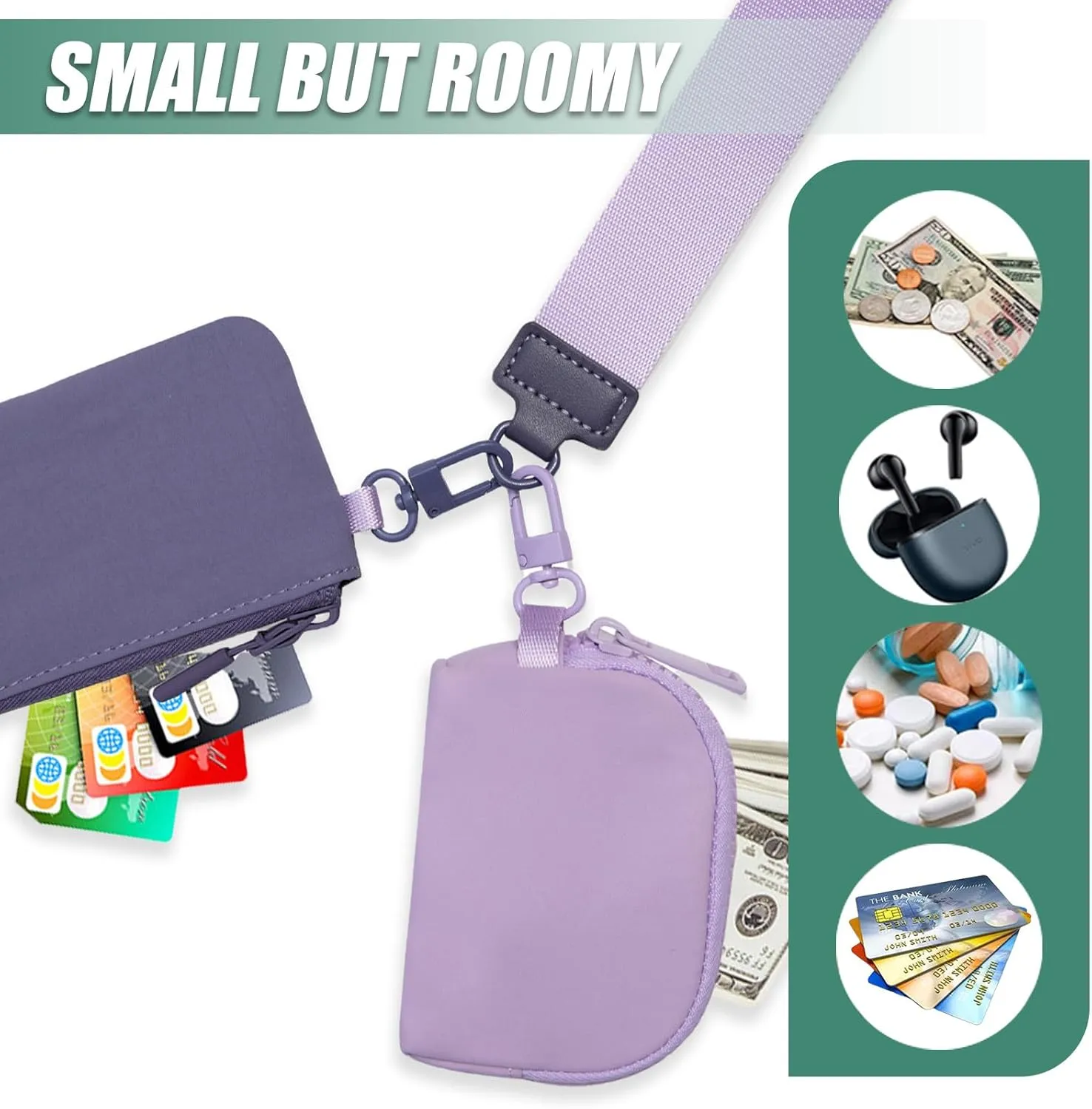 Mini Dual Pouch Wristlet Wallet with 2 Detachable Zipper Coin Purse, Small and Portable Card Wallet for Women Travel Sports Outdoors (Purple light purple)