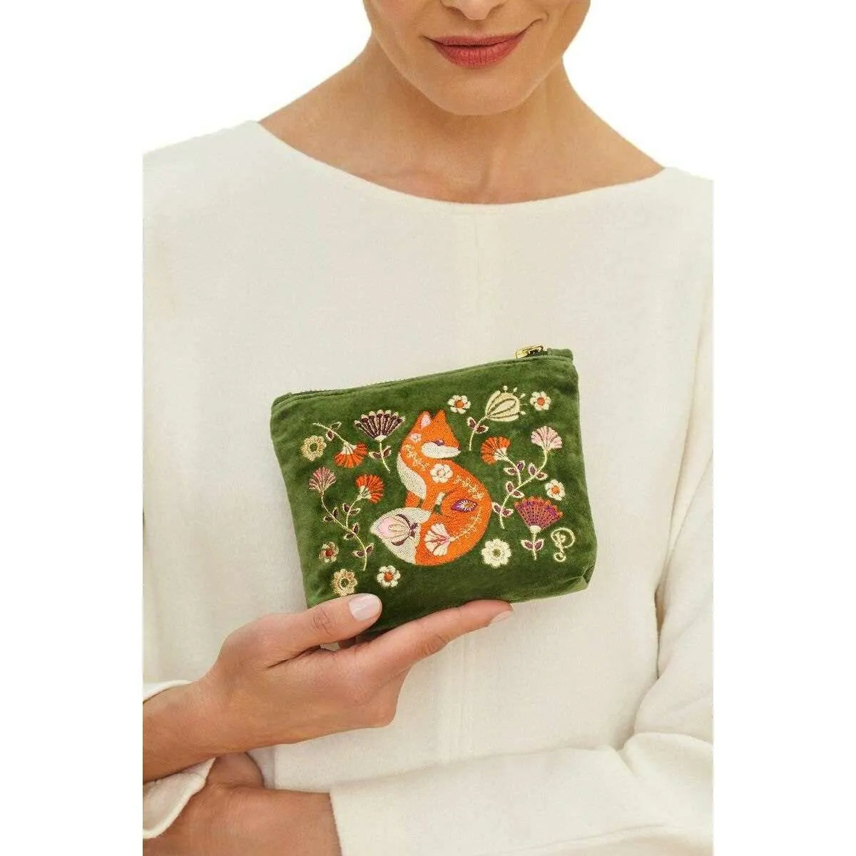 Powder Scandinavian Fox Velvet Mini Pouch - Green