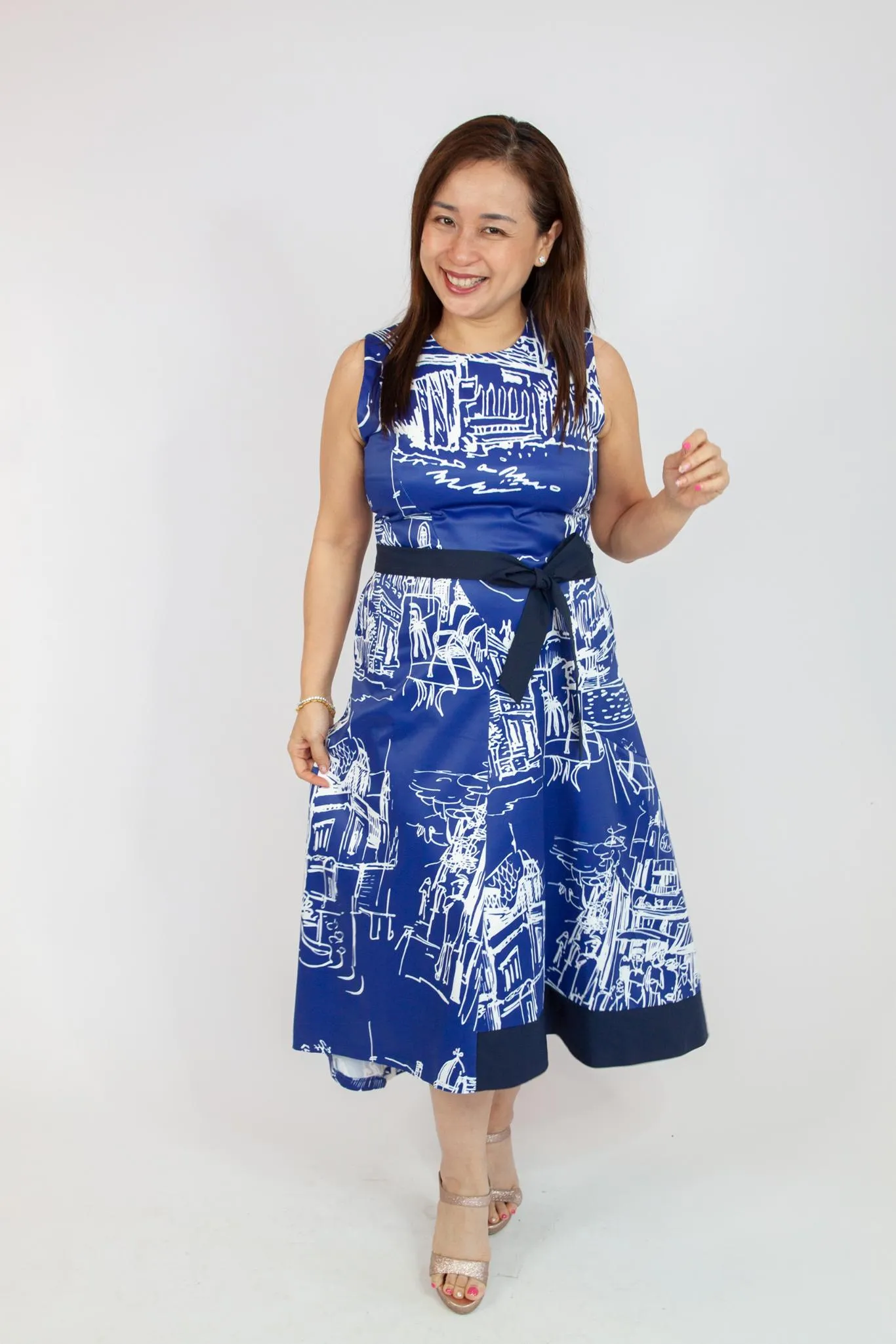 Printed Midi Dress with Sash