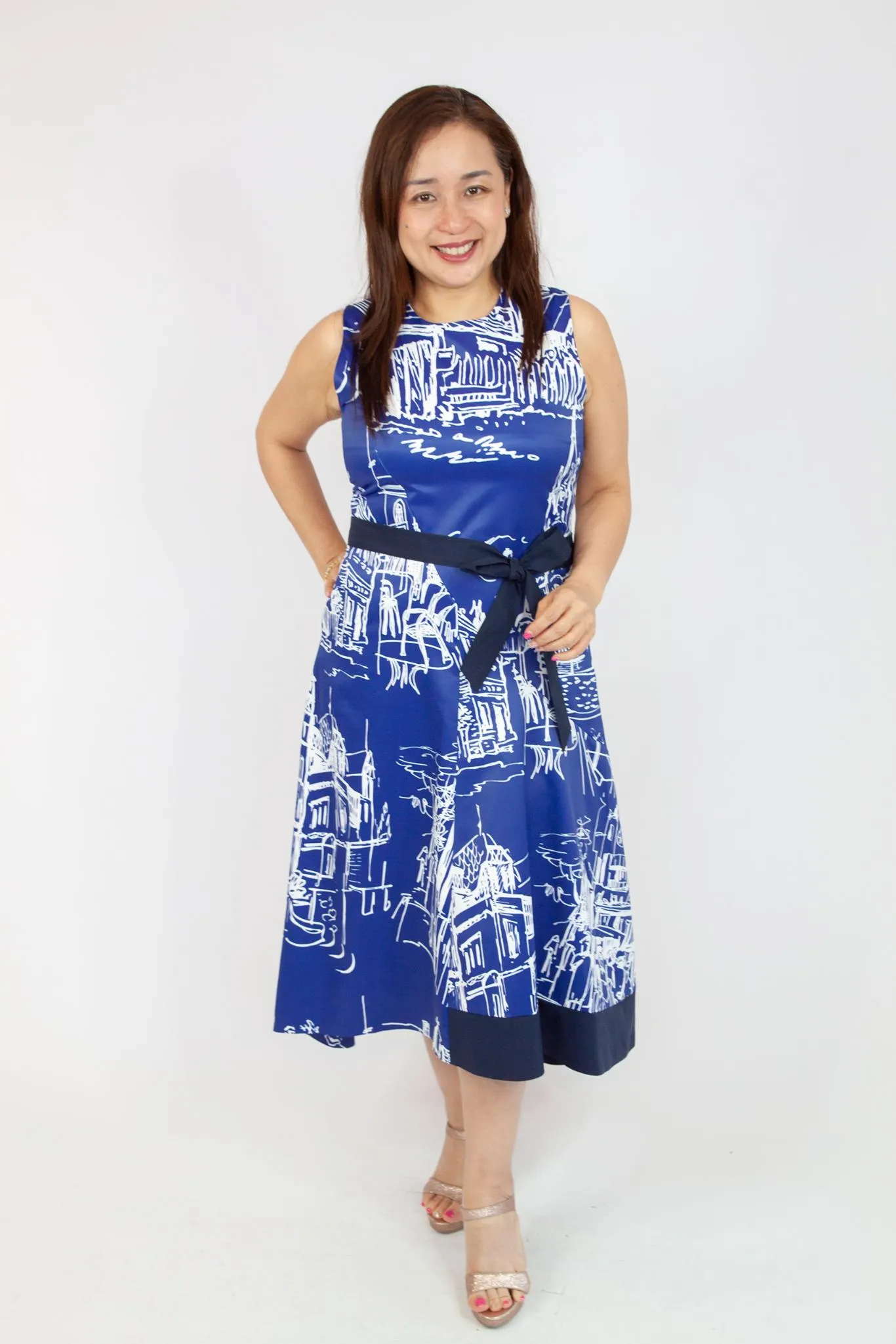 Printed Midi Dress with Sash